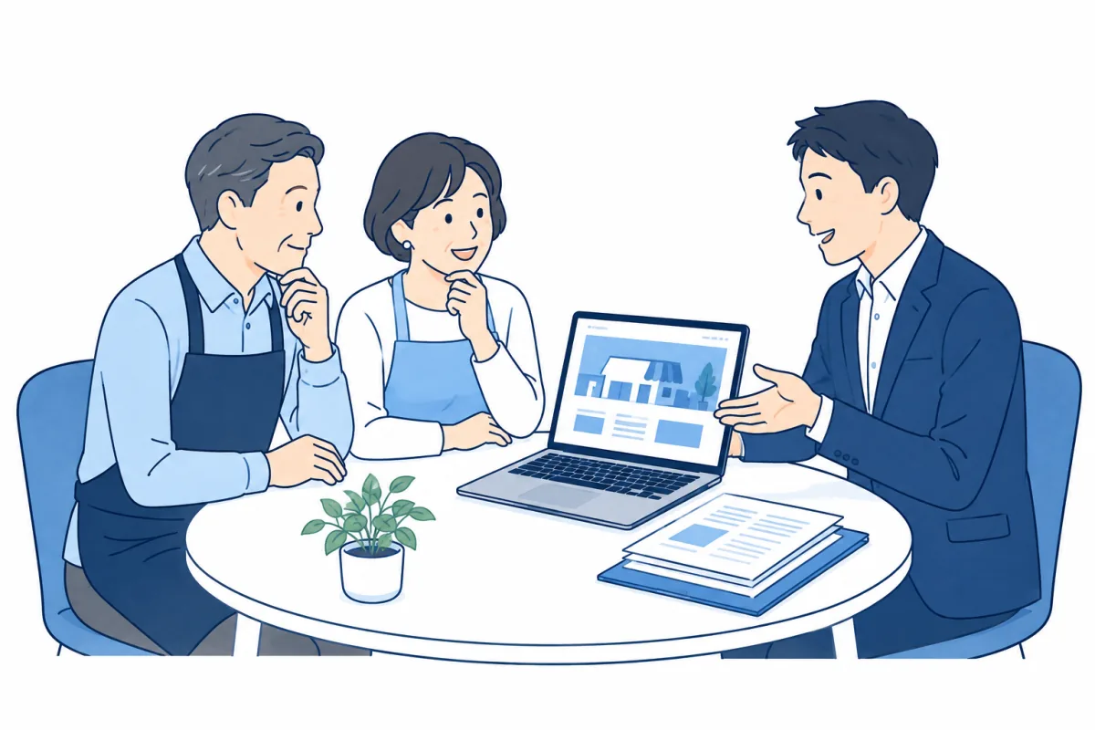 事業者と支援者が、同じ画面を見ながら相談するイメージ